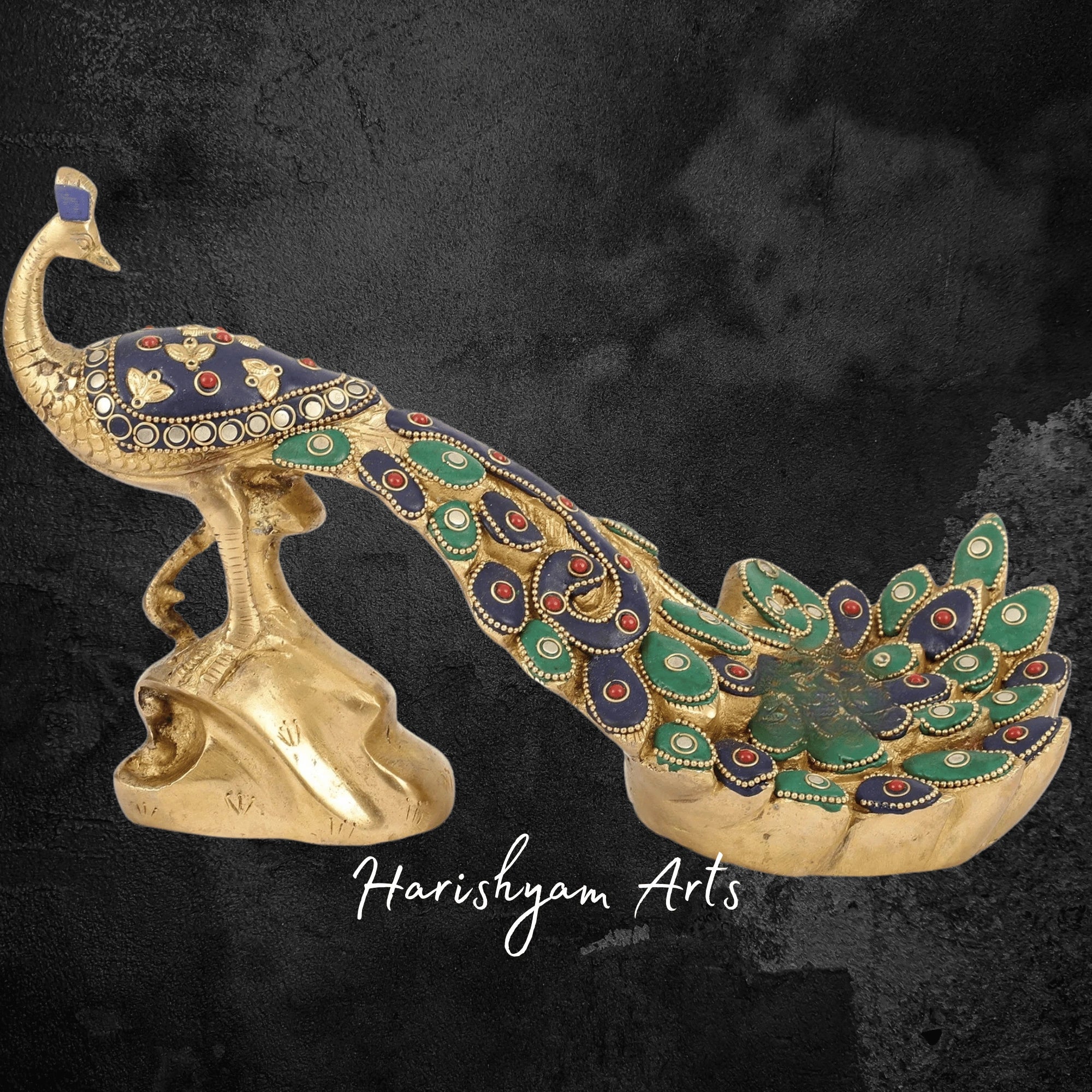 Premium Brass Peacock Showpiece with Fine Artisan Stonework