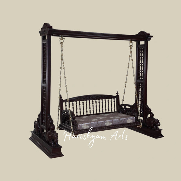 Premium Dark Teak Wood Jhula Swing with Elephant Carvings