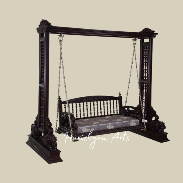 Premium Dark Teak Wood Jhula Swing with Elephant Carvings