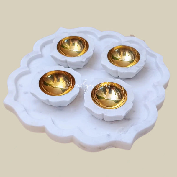 Premium Marble Petal Diya Set with Decorative Tray