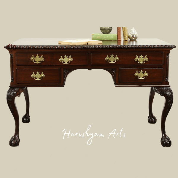 Premium Vintage Wooden Office Writing Desk with Handcrafted Detailing, Brass Pulls and Antique Finish