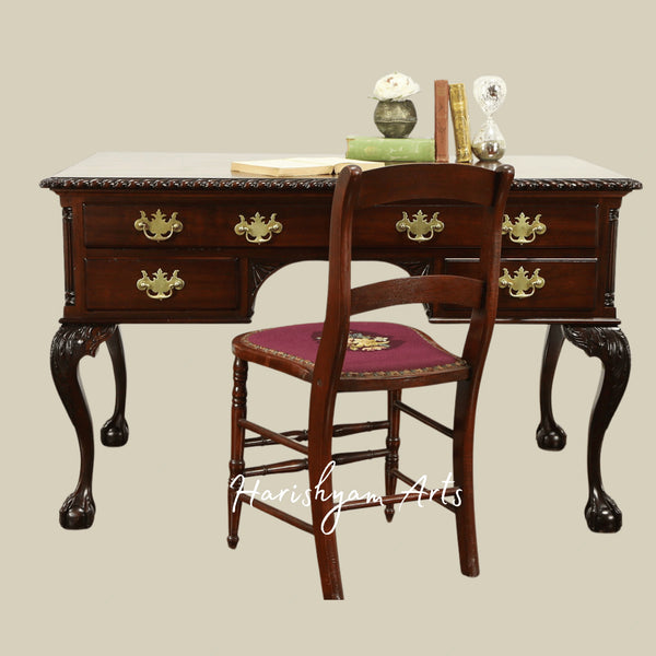 Premium Vintage Wooden Office Writing Desk with Handcrafted Detailing, Brass Pulls and Antique Finish
