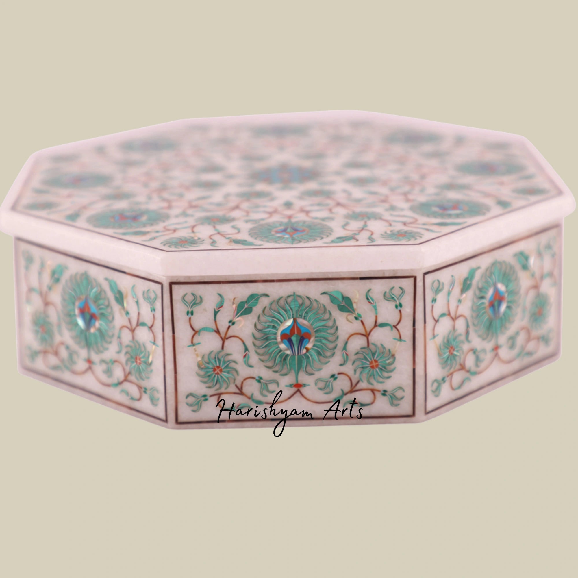 Premium White Marble Antique Jewelry Box Inlaid with Malachite Gemstone