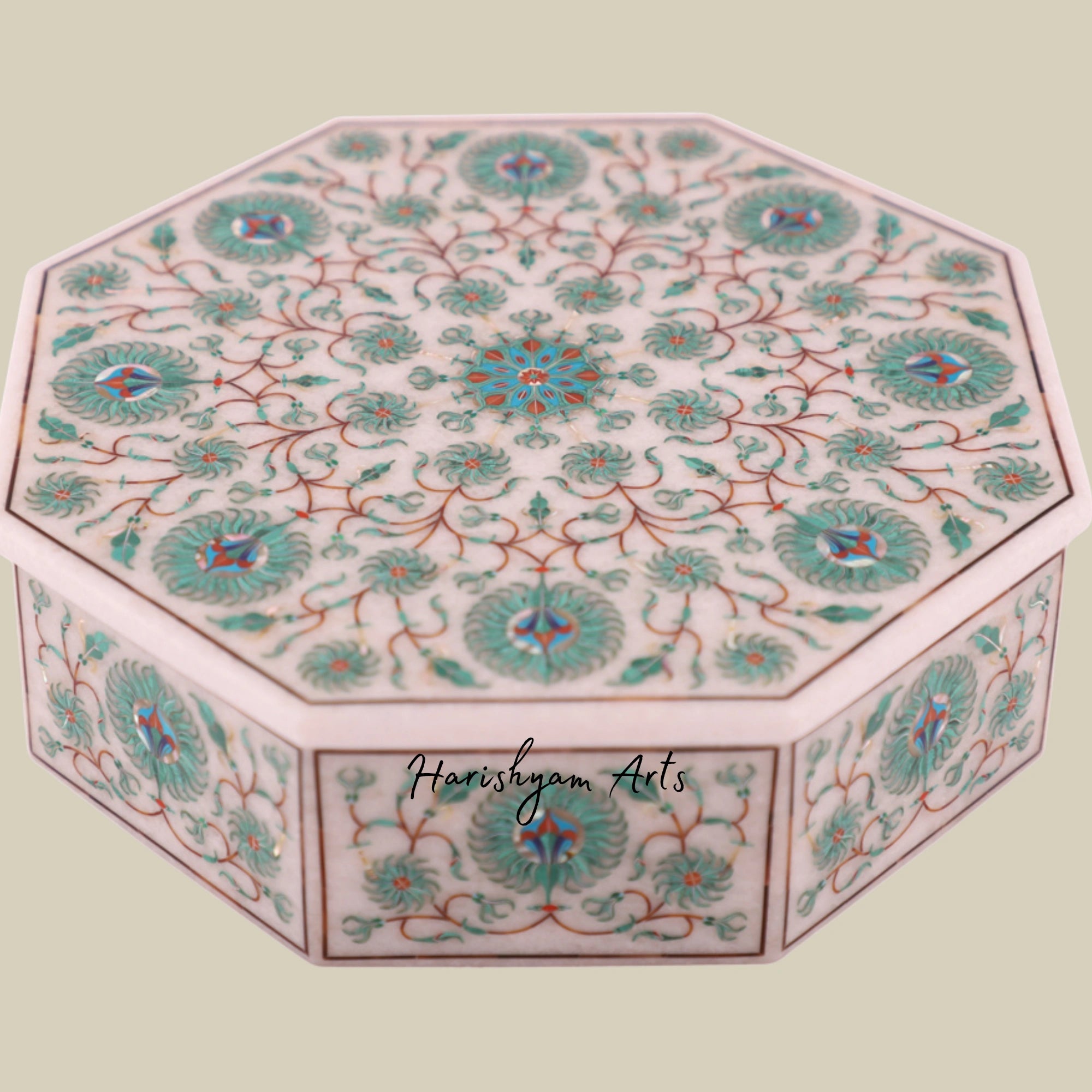 Premium White Marble Antique Jewelry Box Inlaid with Malachite Gemstone1