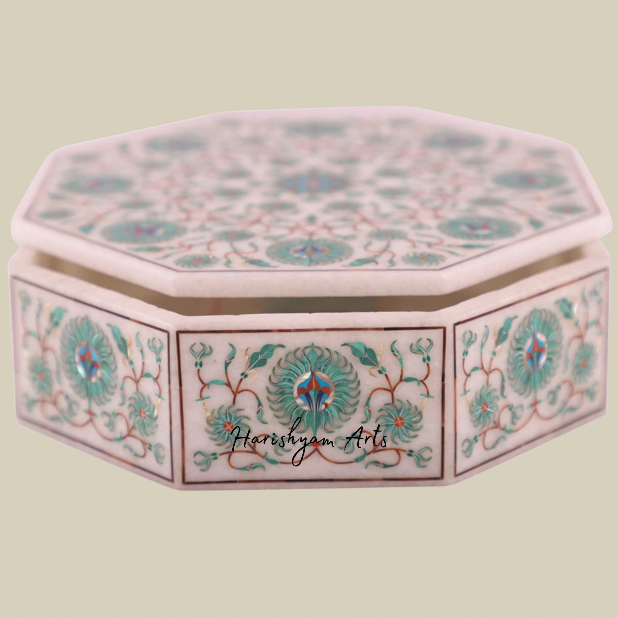 Premium White Marble Antique Jewelry Box Inlaid with Malachite Gemstone2