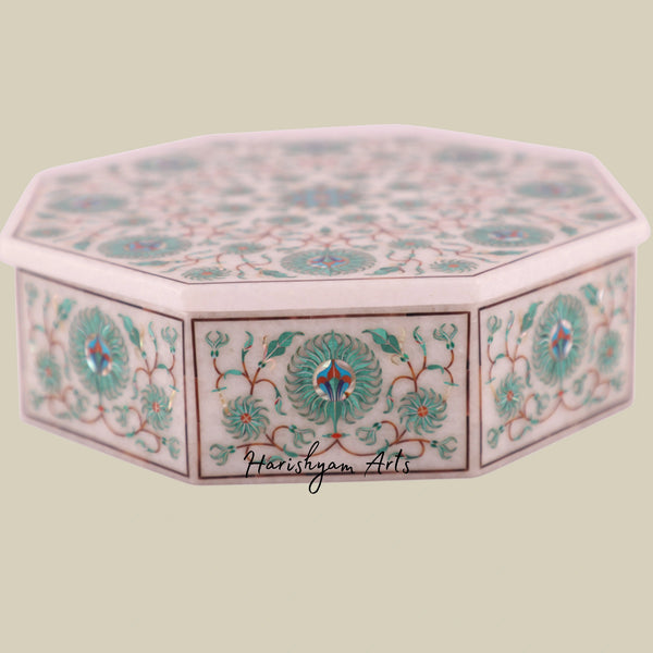 Premium White Marble Antique Jewelry Box Inlaid with Malachite Gemstone