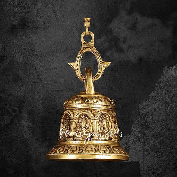 Pure Brass Heavy Hanging Temple Bell with Ganesha Carvings