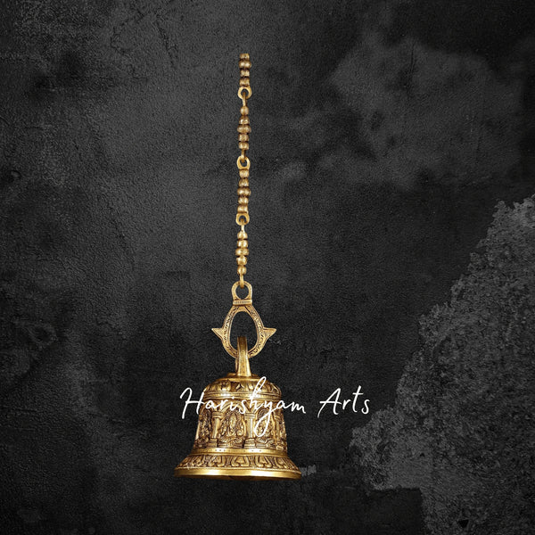 Pure Brass Heavy Hanging Temple Bell with Ganesha Carvings