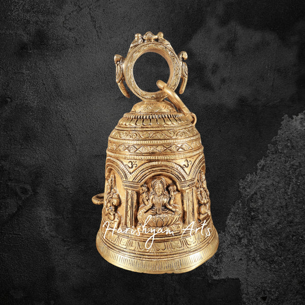 Pure Brass Temple Bell with Hindu Deity Carvings and Sturdy Chain