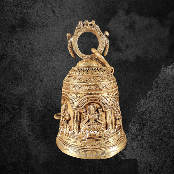 Pure Brass Temple Bell with Hindu Deity Carvings and Sturdy Chain