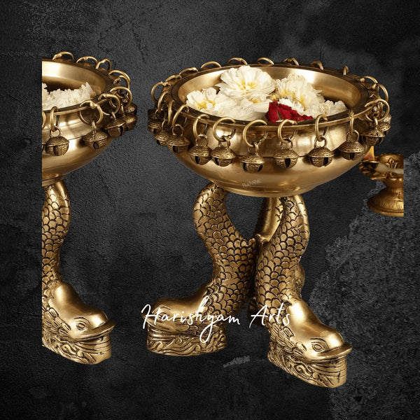 Pure Brass Vastu Urli Set with Twin Fish Base for Positive Energy