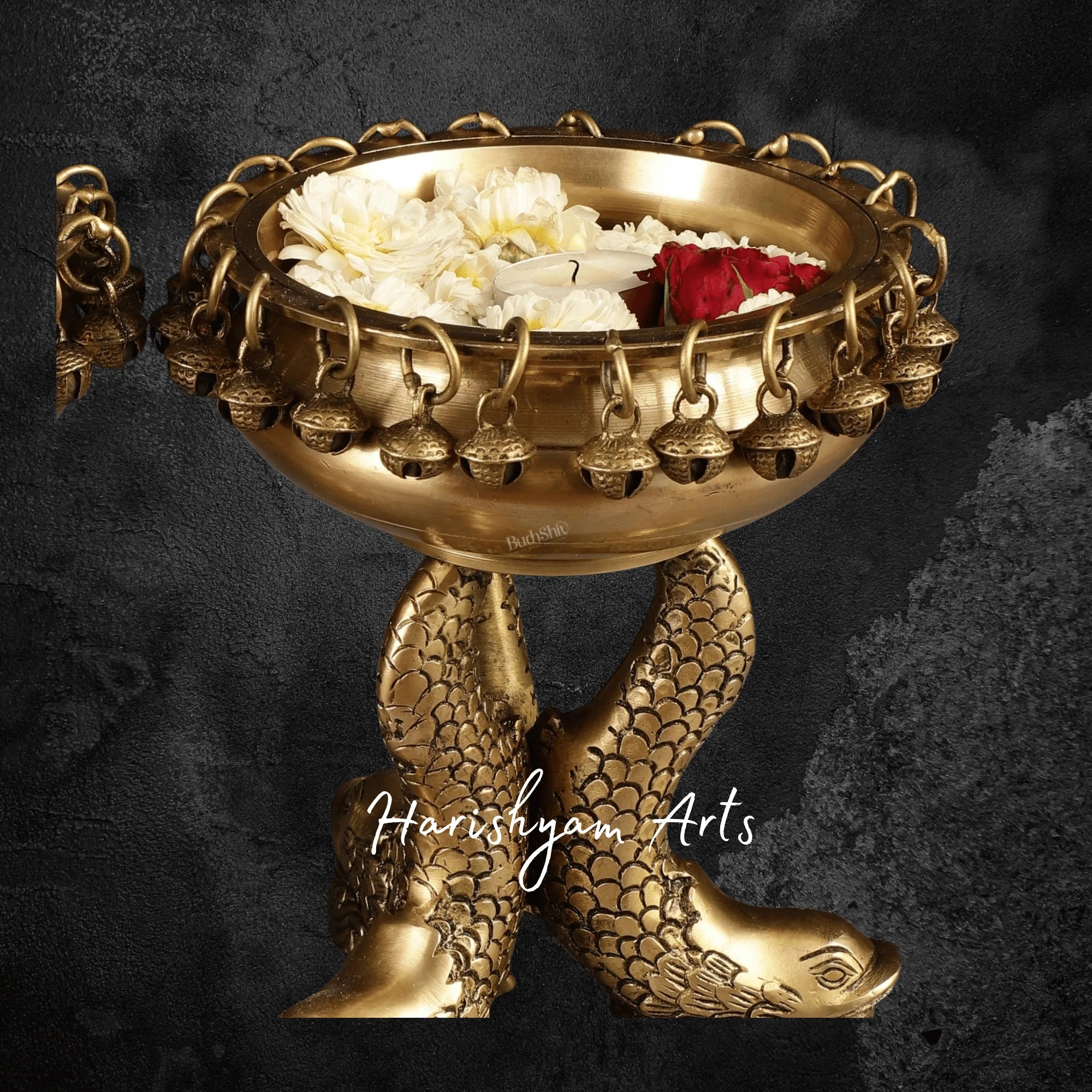Pure Brass Vastu Urli Set with Twin Fish Base for Positive Energy