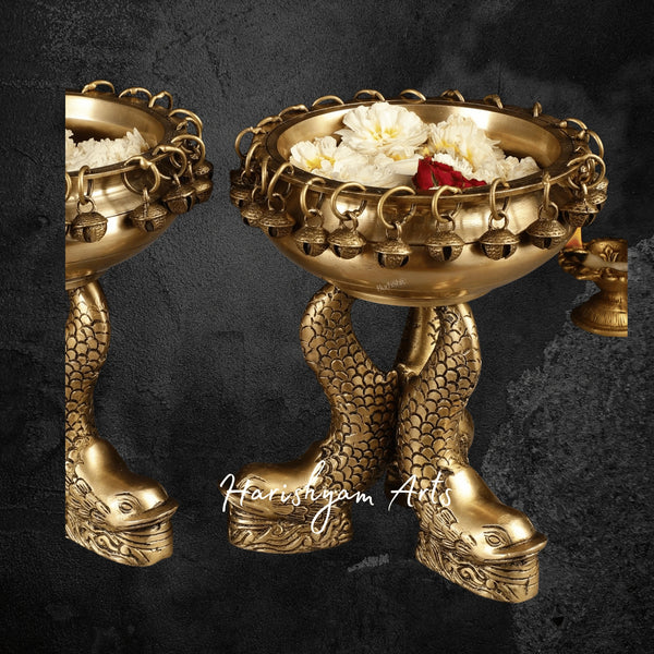 Pure Brass Vastu Urli Set with Twin Fish Base for Positive Energy