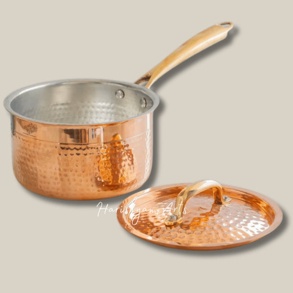 Pure Copper Hammered Sauce Pan with Tin Coating and Extended Handle