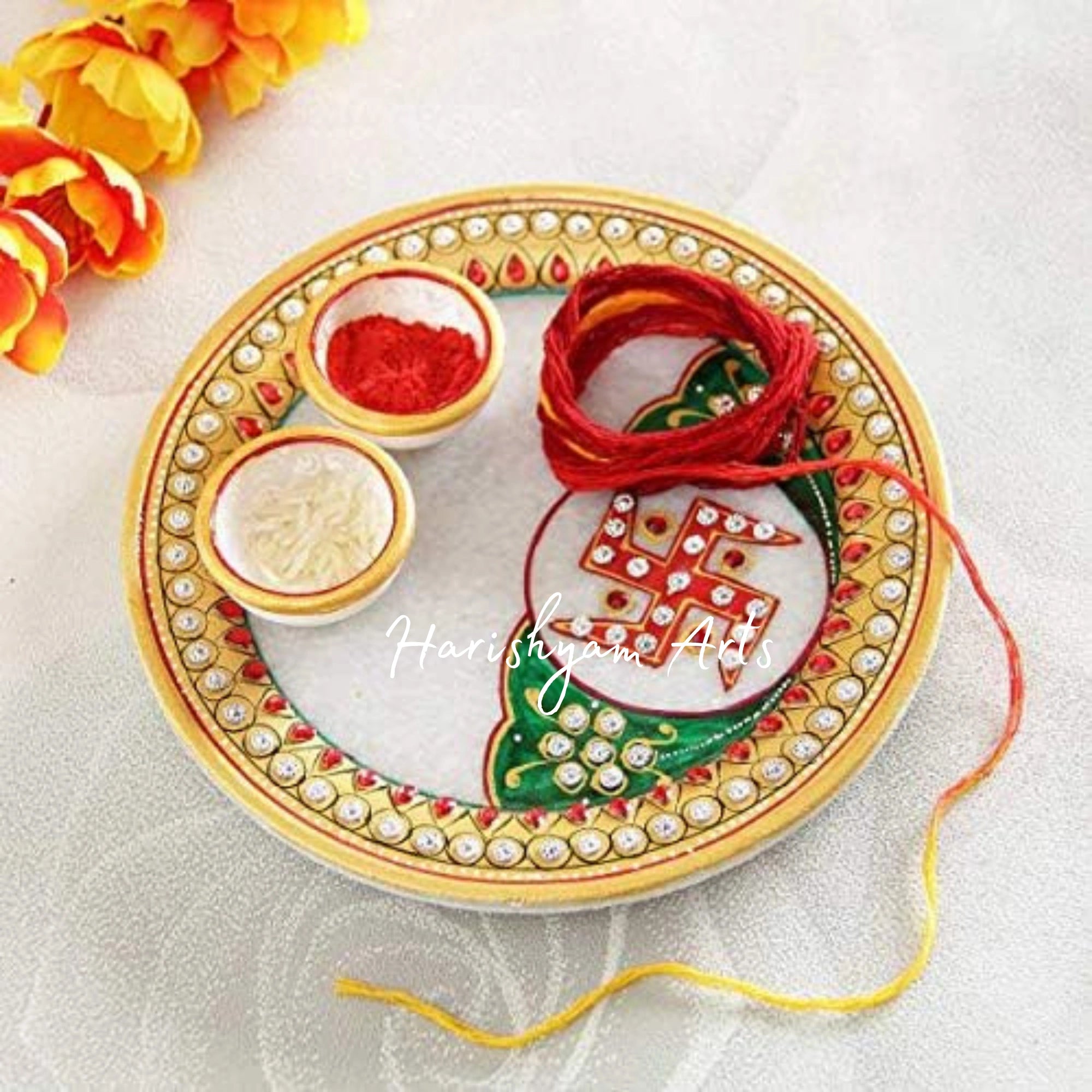 Rajasthani Handcrafted Marble Pooja Thali with Roli Rice Chopra Set1