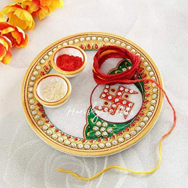 Rajasthani Handcrafted Marble Pooja Thali with Roli Rice Chopra Set