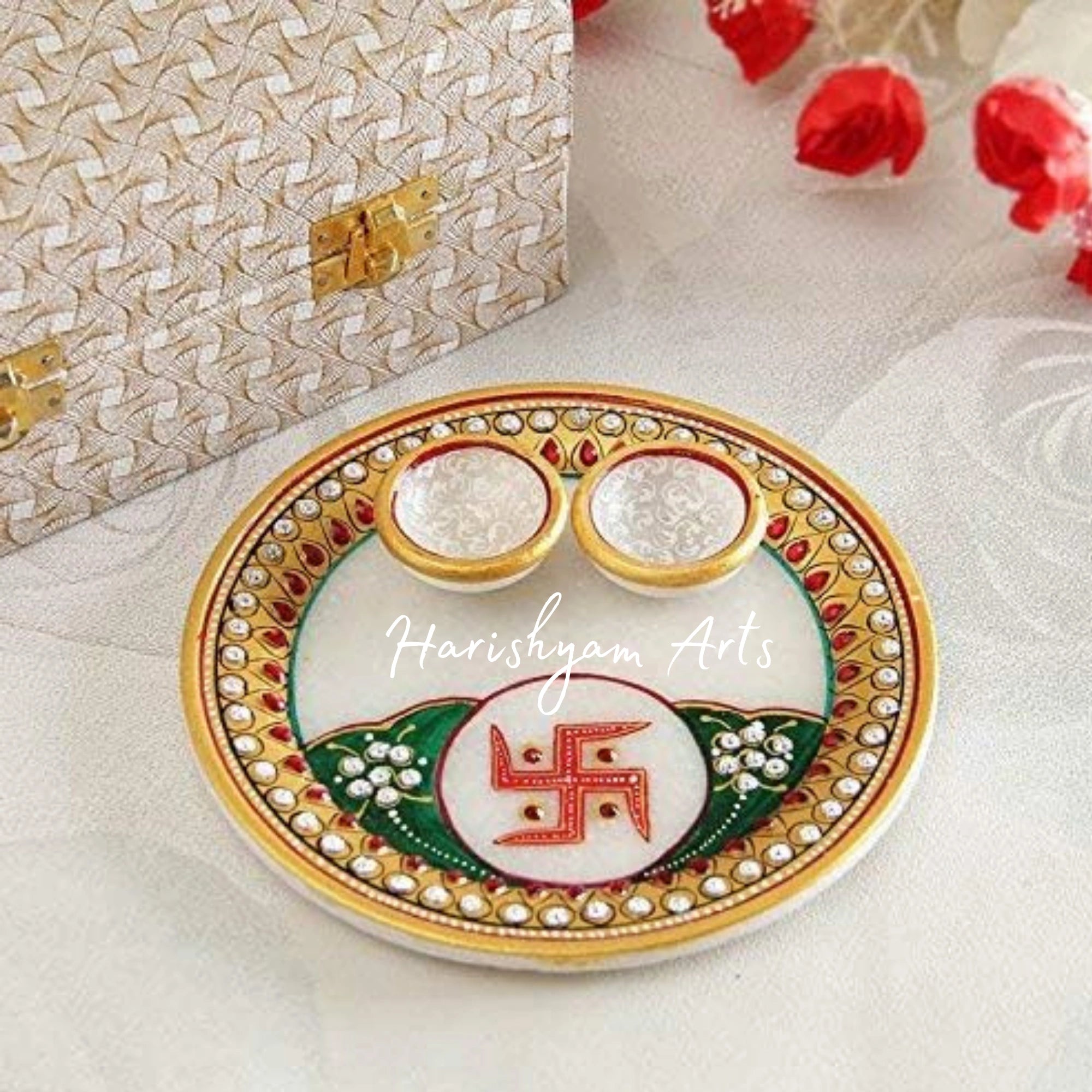 Rajasthani Handcrafted Marble Pooja Thali with Roli Rice Chopra Set3