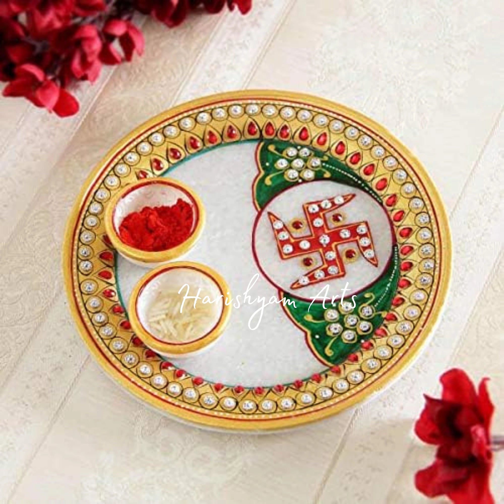 Rajasthani Handcrafted Marble Pooja Thali with Roli Rice Chopra Set4