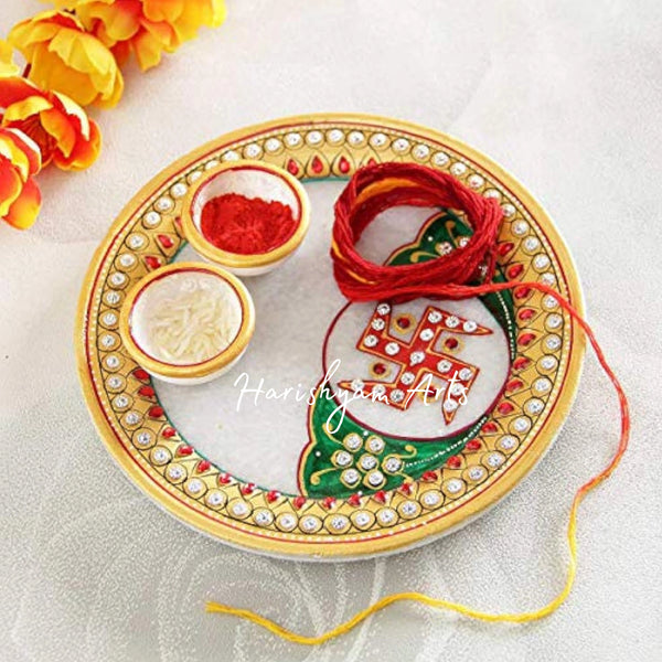 Rajasthani Handcrafted Marble Pooja Thali with Roli Rice Chopra Set