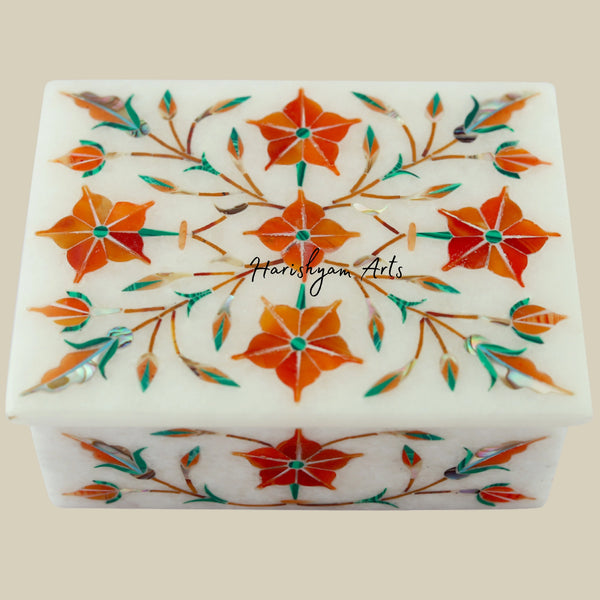 Rectangular Marble Stone Storage Box with Carnelian Gemstone Inlay