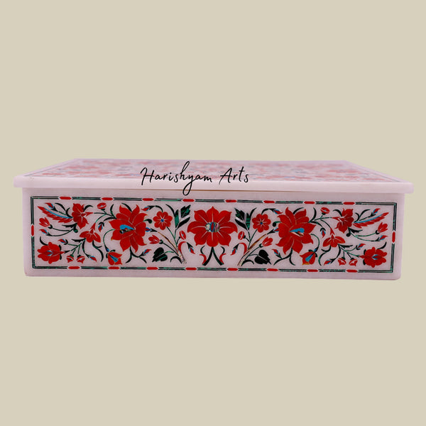 Rectangular White Marble Jewelry Box Inlaid with Carnelian for Elegant Storage