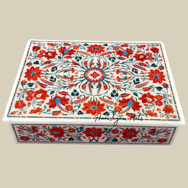 Rectangular White Marble Jewelry Box Inlaid with Carnelian for Elegant Storage