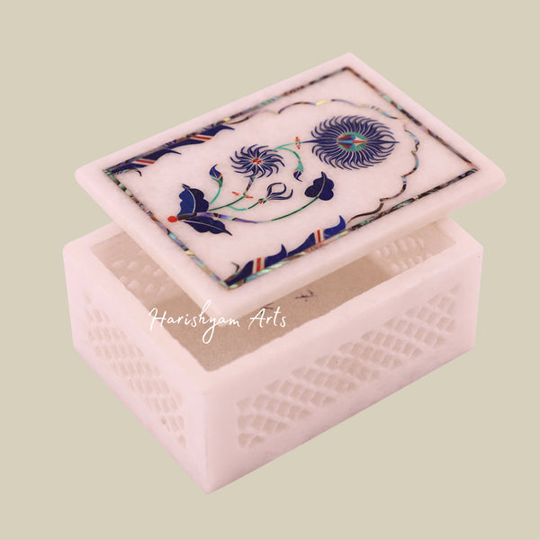 Rectangular White Marble Jewelry Box with Lattice Inlay Design