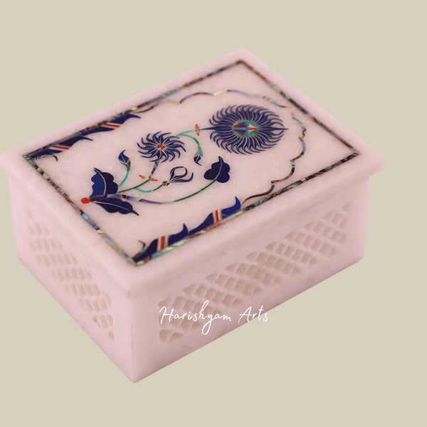 Rectangular White Marble Jewelry Box with Lattice Inlay Design