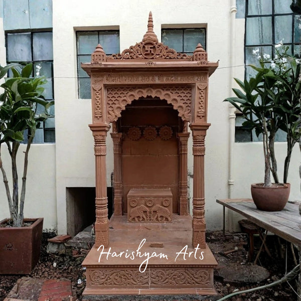 Red Sandstone Mandir with Ornate Arched Pillars | Traditional Carved Hindu Temple for Home and Outdoor Décor