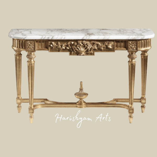 Regal Gold Console Table with White Marble Top