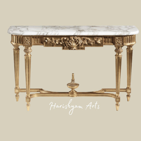 Regal Gold Console Table with White Marble Top