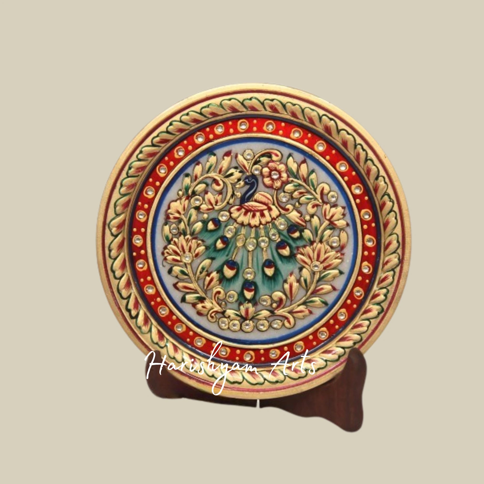 Regal Gold & Red Marble Plate Exquisite Round Showpiece
