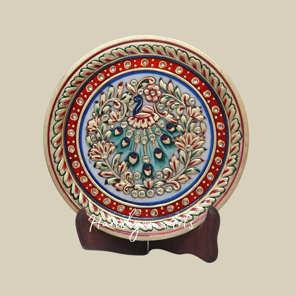 Regal Gold & Red Marble Plate Exquisite Round Showpiece
