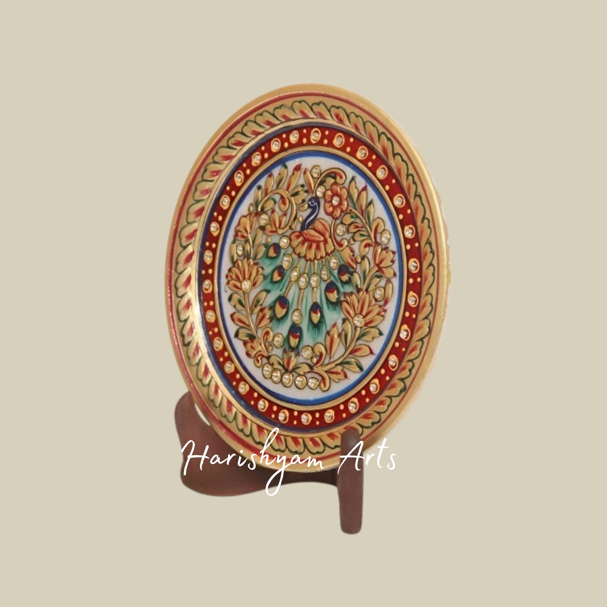 Regal Gold & Red Marble Plate Exquisite Round Showpiece