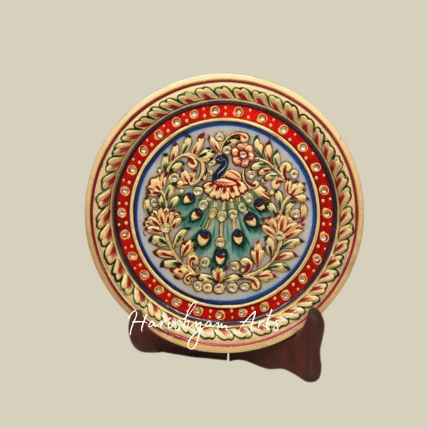 Regal Gold & Red Marble Plate Exquisite Round Showpiece