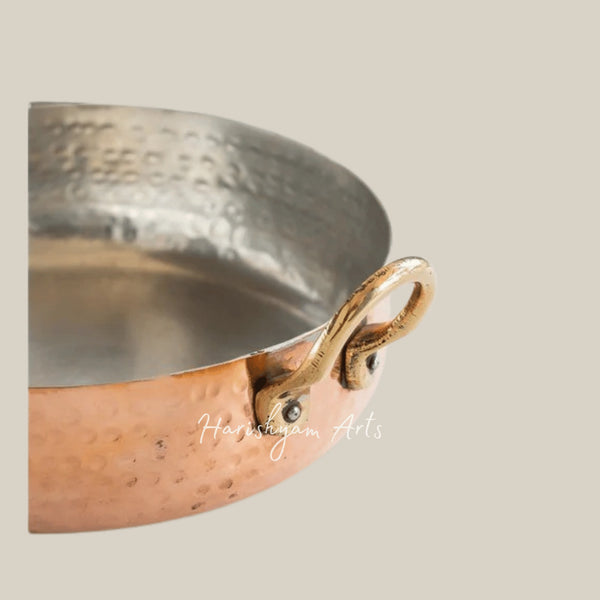 Round Copper Serving Dish with Dual Brass Handles and Tin Lining