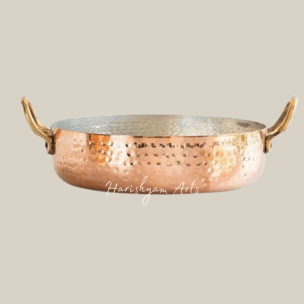 Round Copper Serving Dish with Dual Brass Handles and Tin Lining