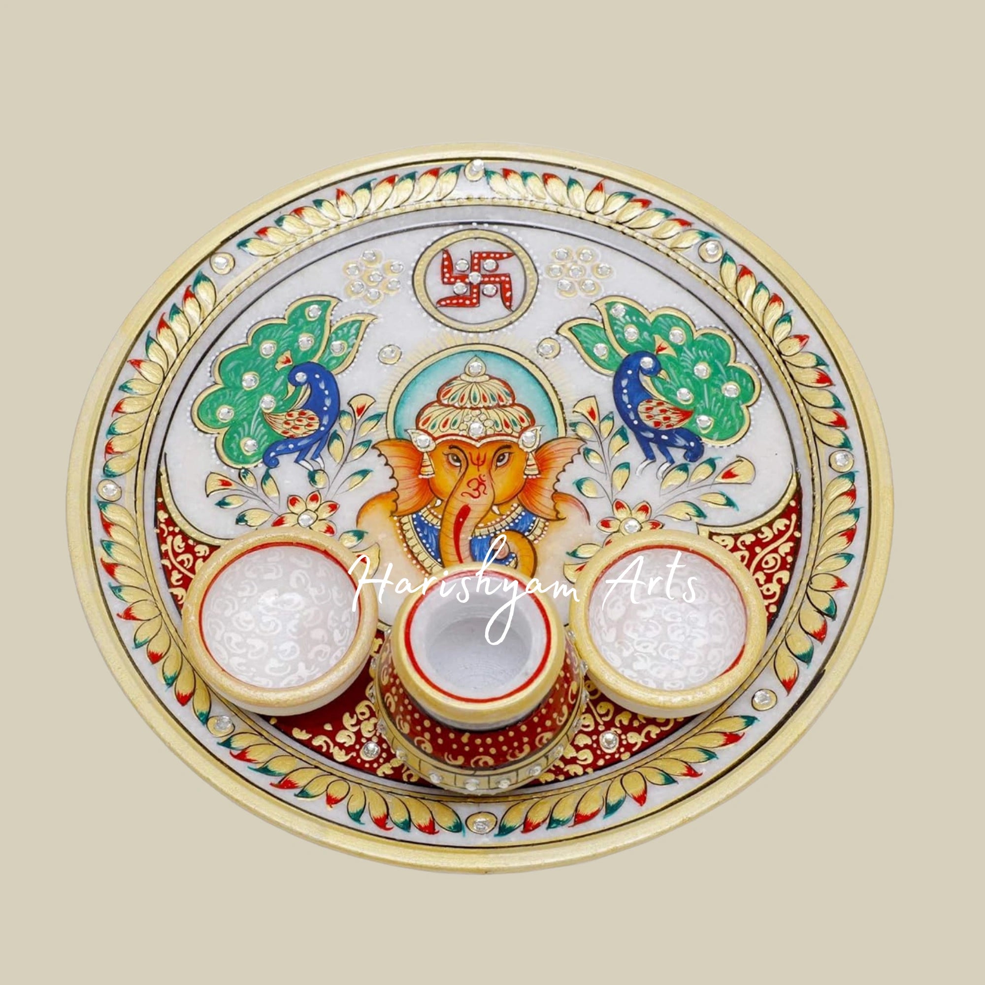 Round Handcrafted Marble Puja Plate with Printed Peacock and Ganesha