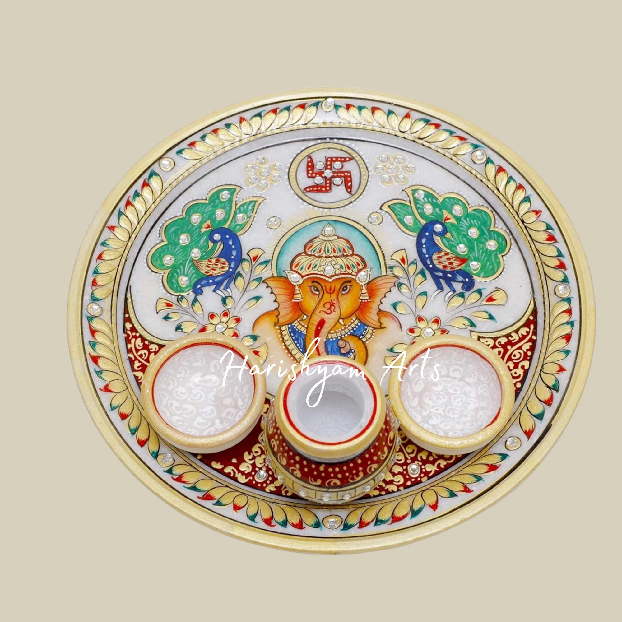 Round Handcrafted Marble Puja Plate with Printed Peacock and Ganesha1