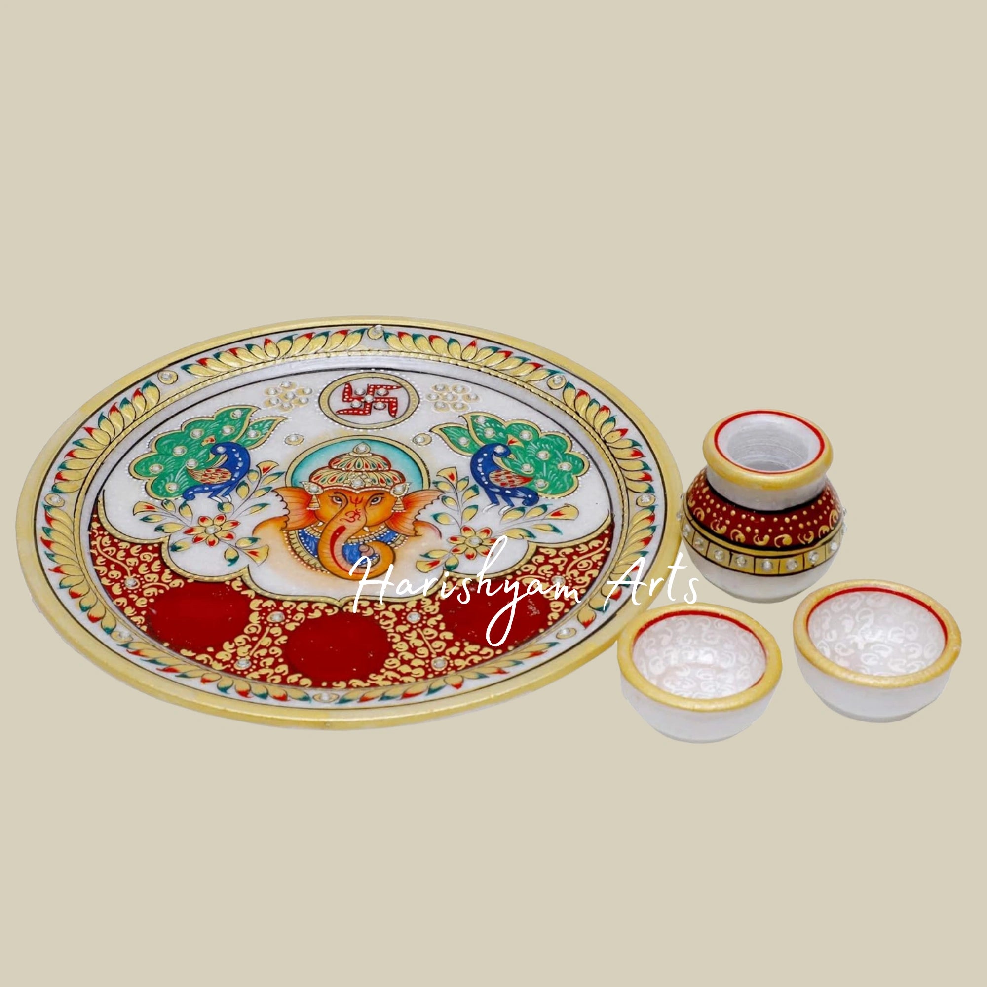 Round Handcrafted Marble Puja Plate with Printed Peacock and Ganesha2