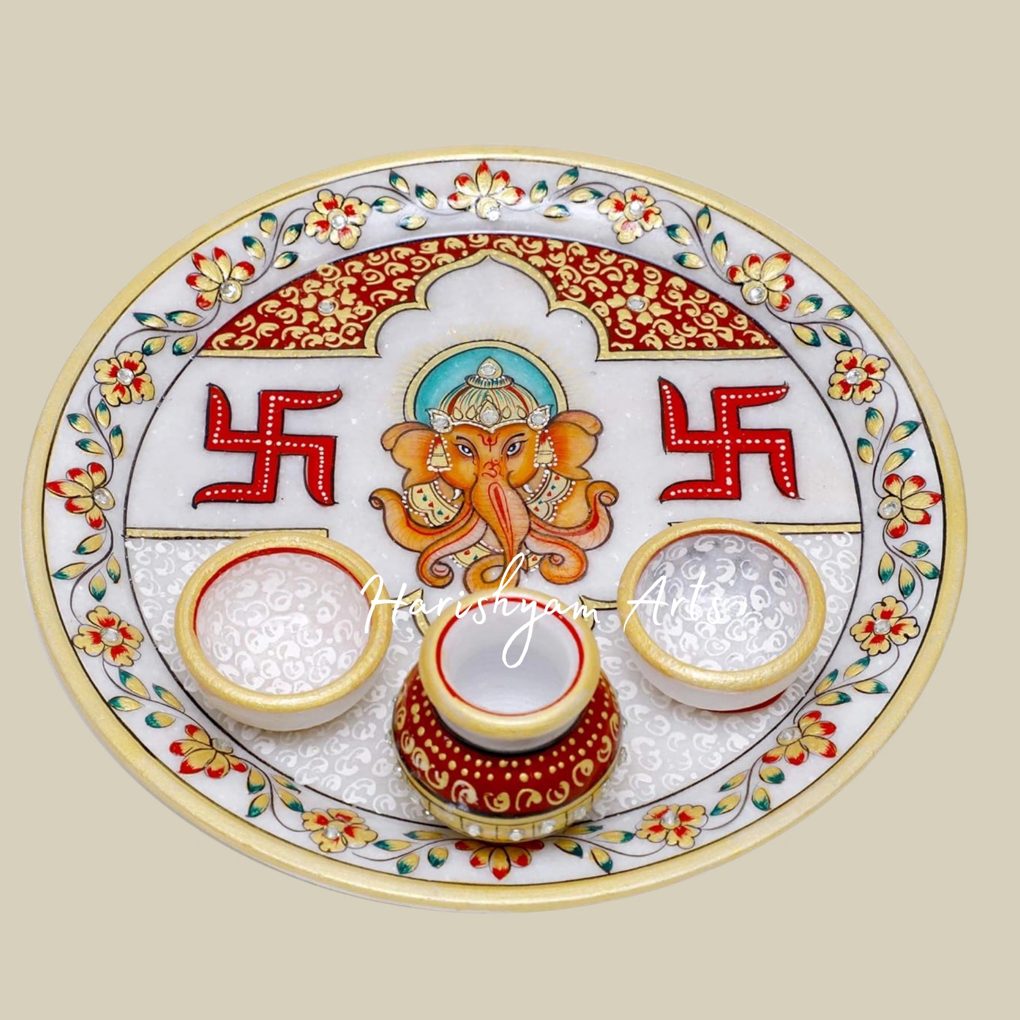 Round Handcrafted Marble Puja Plate with Printed Swastik and Ganesha