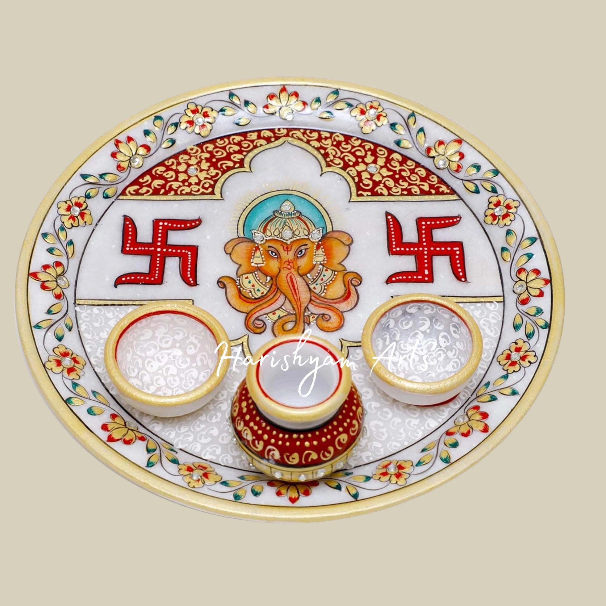 Round Handcrafted Marble Puja Plate with Printed Swastik and Ganesha1