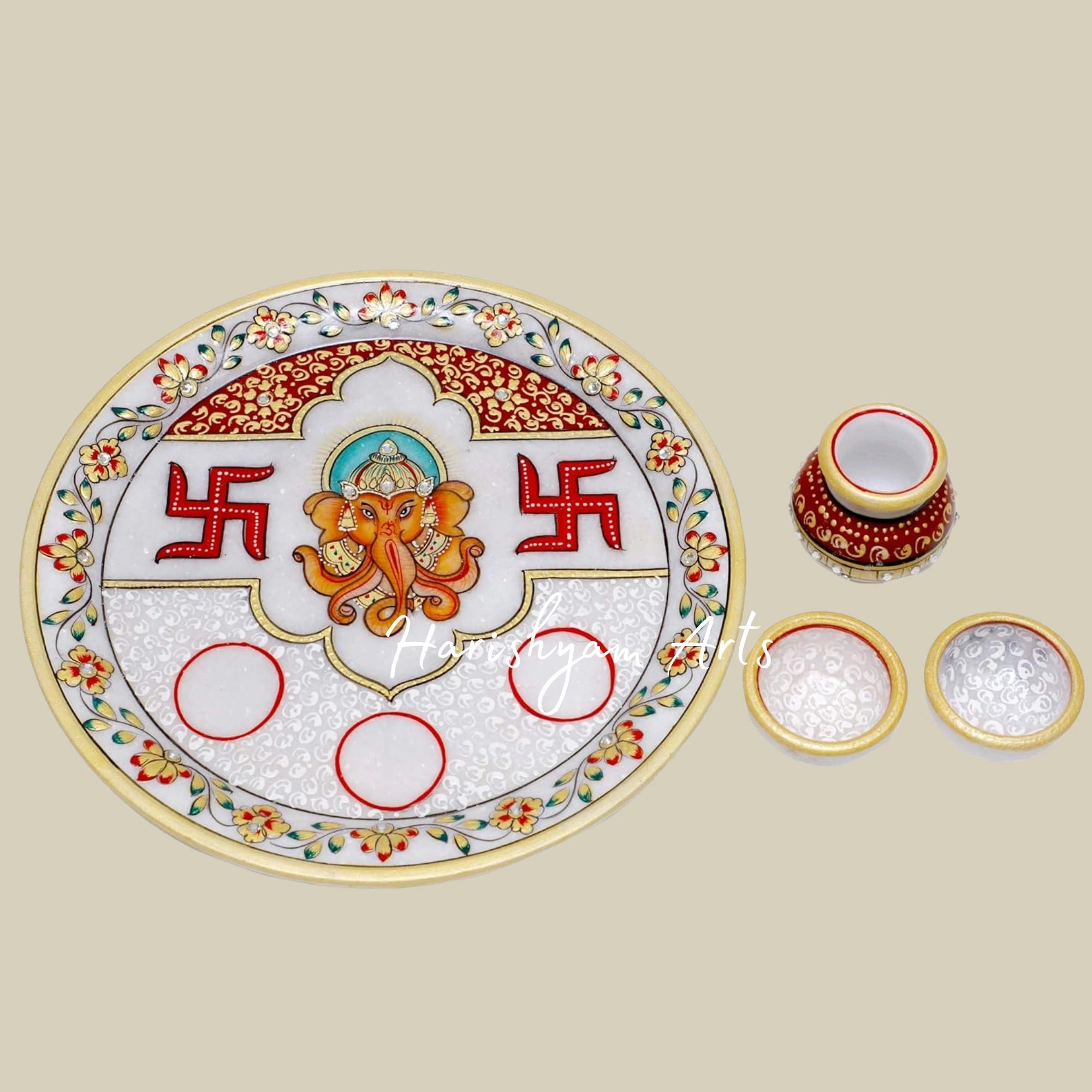 Round Handcrafted Marble Puja Plate with Printed Swastik and Ganesha2