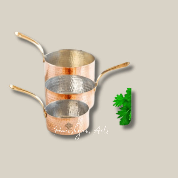 Round Saucepan with Hammered Copper Finish Tin Coating and Brass Stand