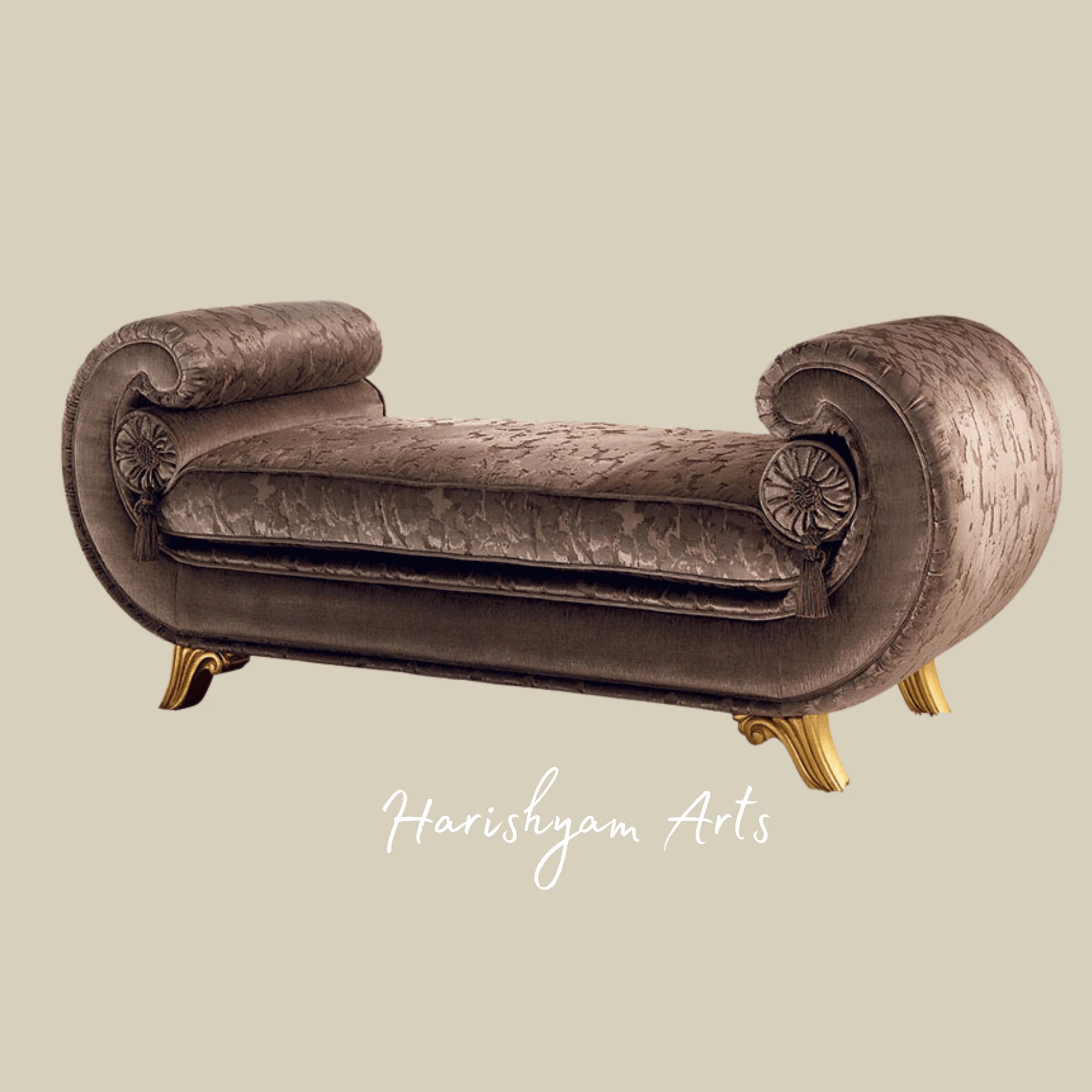 Royal Accent Diwan Bench with Premium Fabric and Carved Detailing