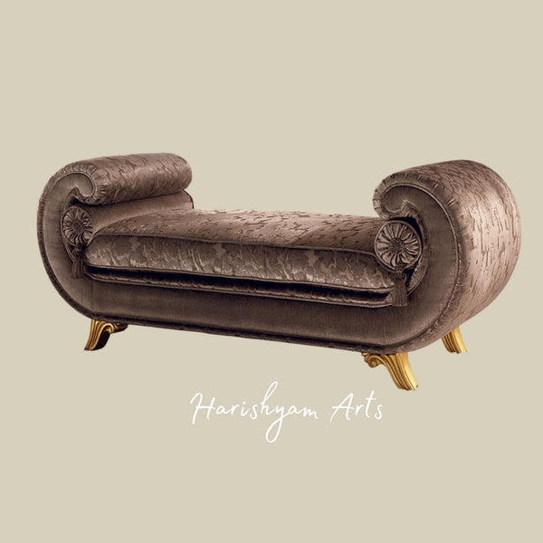 Royal Accent Diwan Bench with Premium Fabric and Carved Detailing