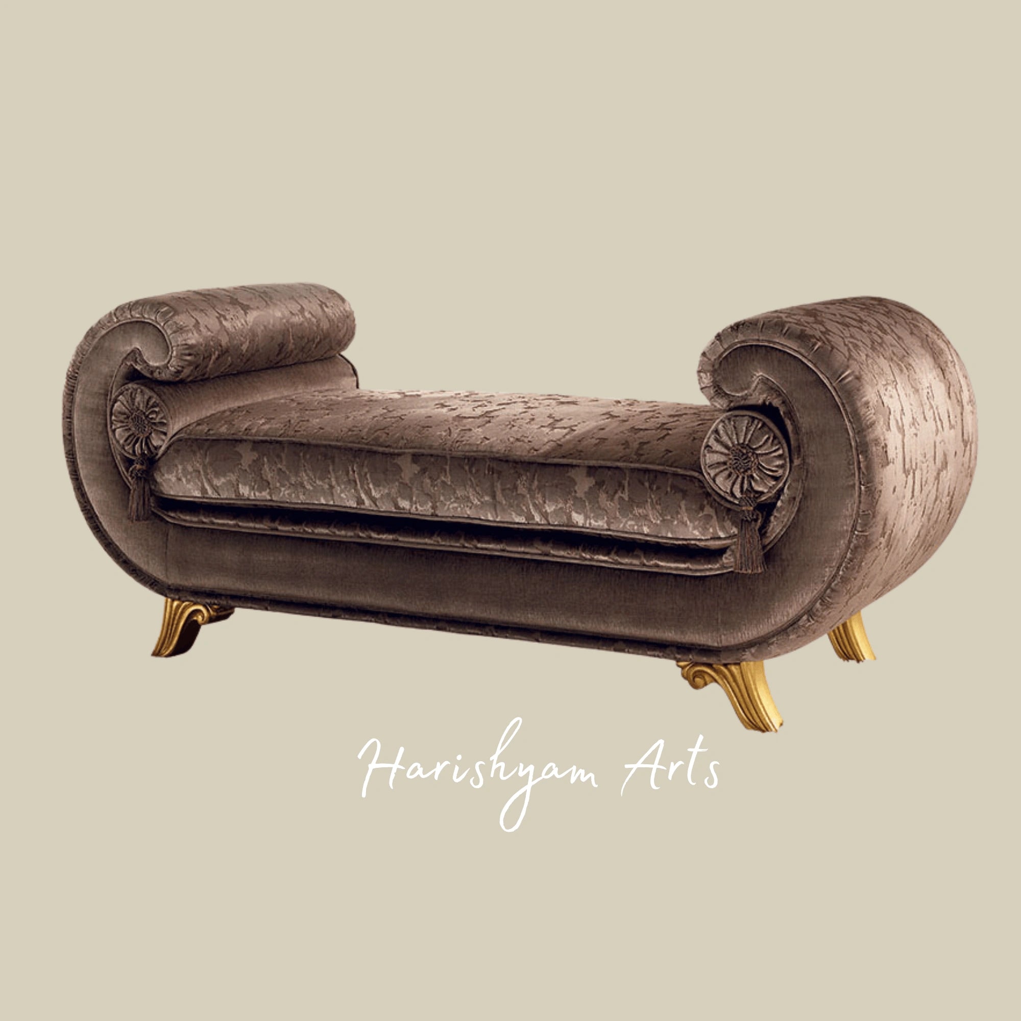 Royal Accent Diwan Bench with Premium Fabric and Carved Detailing