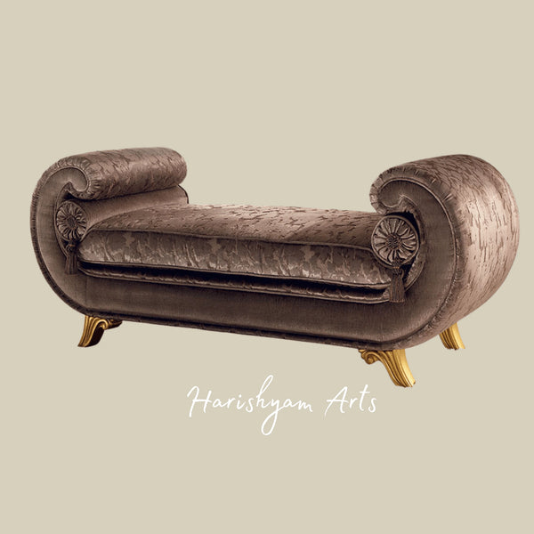 Royal Accent Diwan Bench with Premium Fabric and Carved Detailing