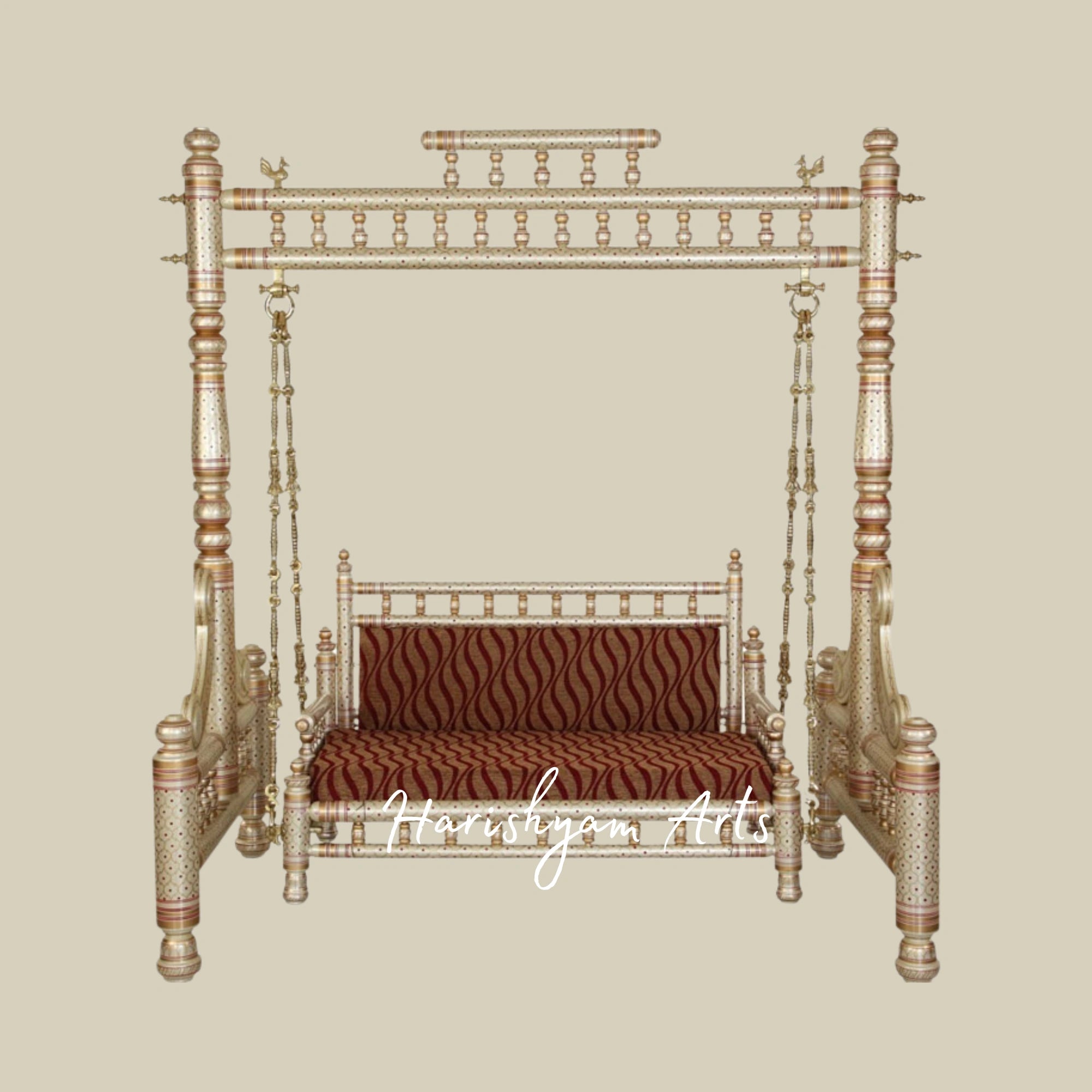 Royal Brass Finish Wooden Jhula Swing with Designer Pillars
