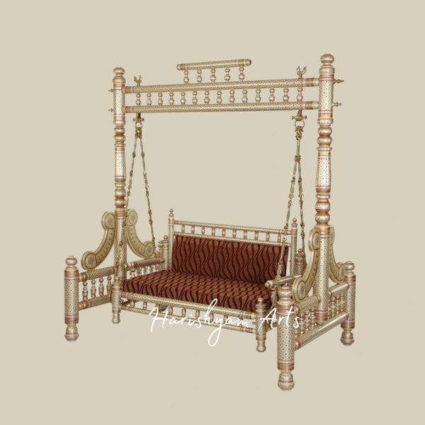 Royal Brass Finish Wooden Jhula Swing with Designer Pillars